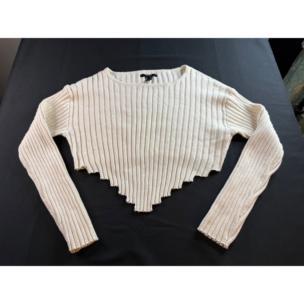 Forever 21 Cream Ribbed Knit Handkerchief Hem Cropped Sweater Womens Large - Picture 6 of 7